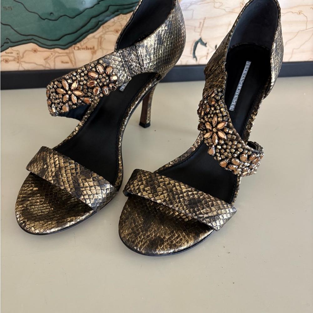 Vera Wang Lavendar Gold Embellished Snake-Print Dress Sandals